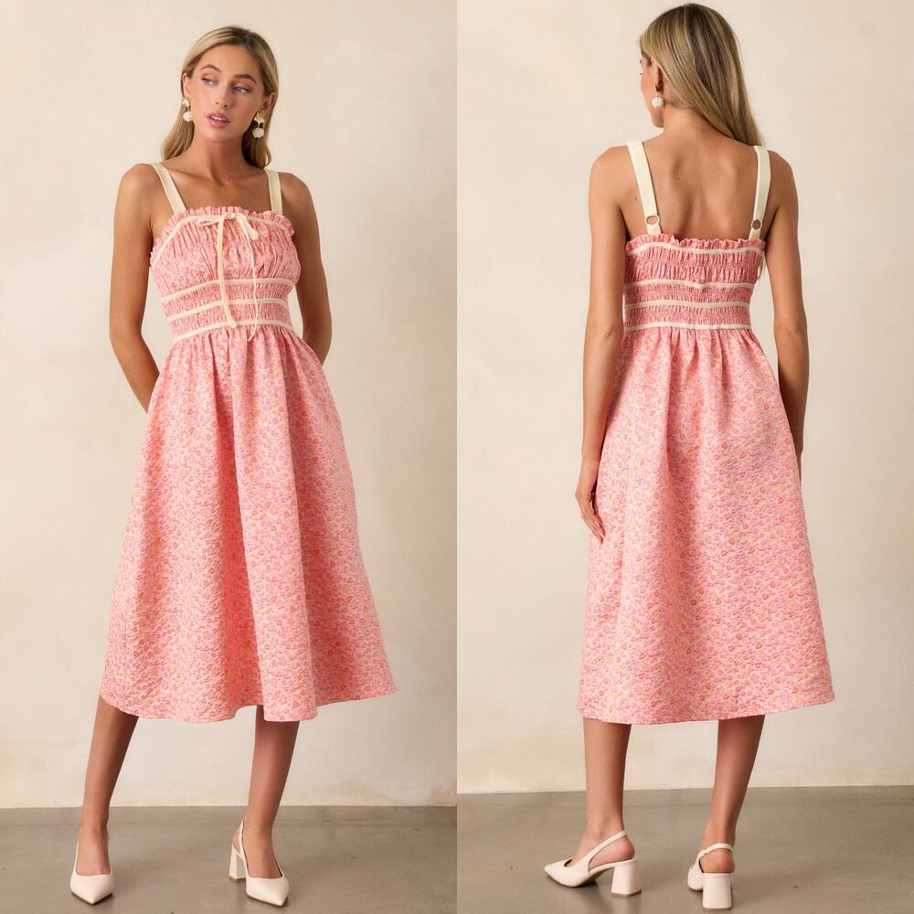 entro Pink Floral Midi Dress with Cream Straps